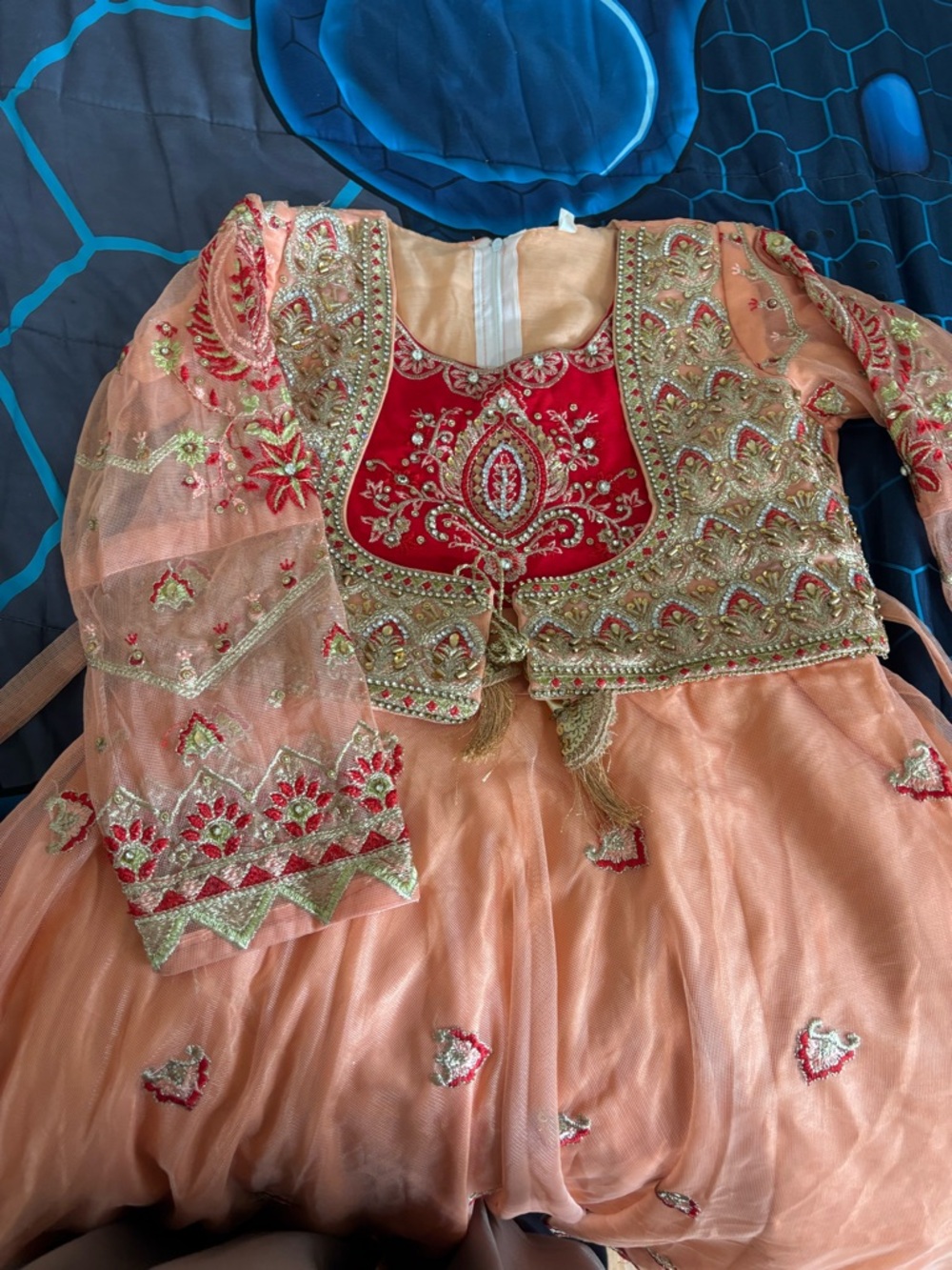 Embroidered Peach & Red Anarkali Dress with Gold Detailing Pakistani